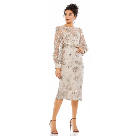 NWT Mac Duggal Embellished High Neck Illusion Long Sleeve Midi Dress Mocha #8486 - Picture 1 of 8